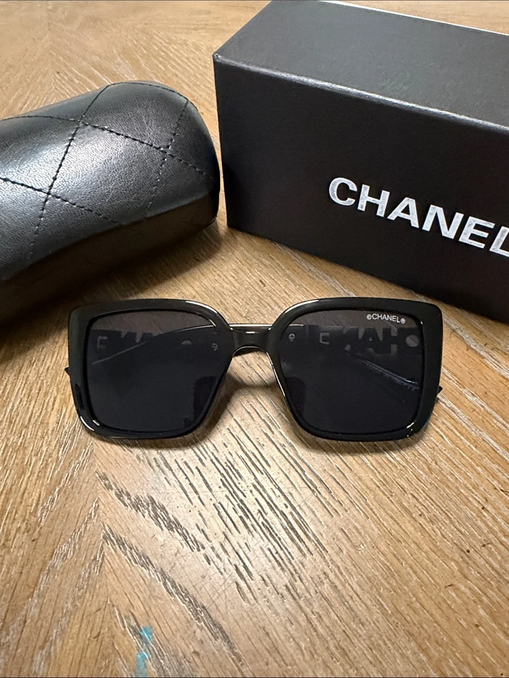 CHANEL Black Square Frame Sunglasses with Dark Lenses